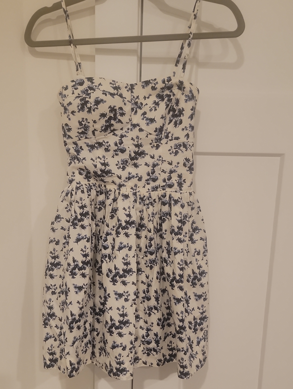 White and Navy Floral Spaghetti-Strap Dress, Straps Removable To Wear Strapless